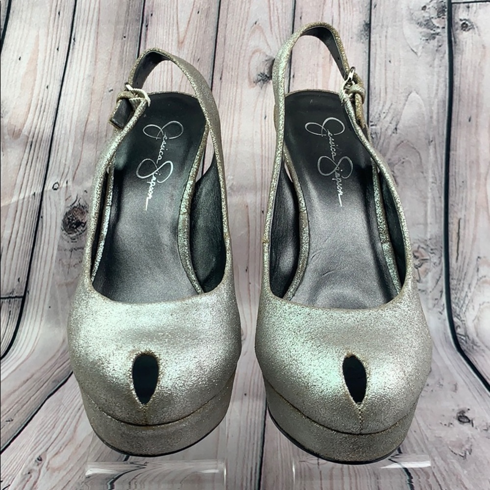 Jessica Simpson silver glitter peep toe high heel